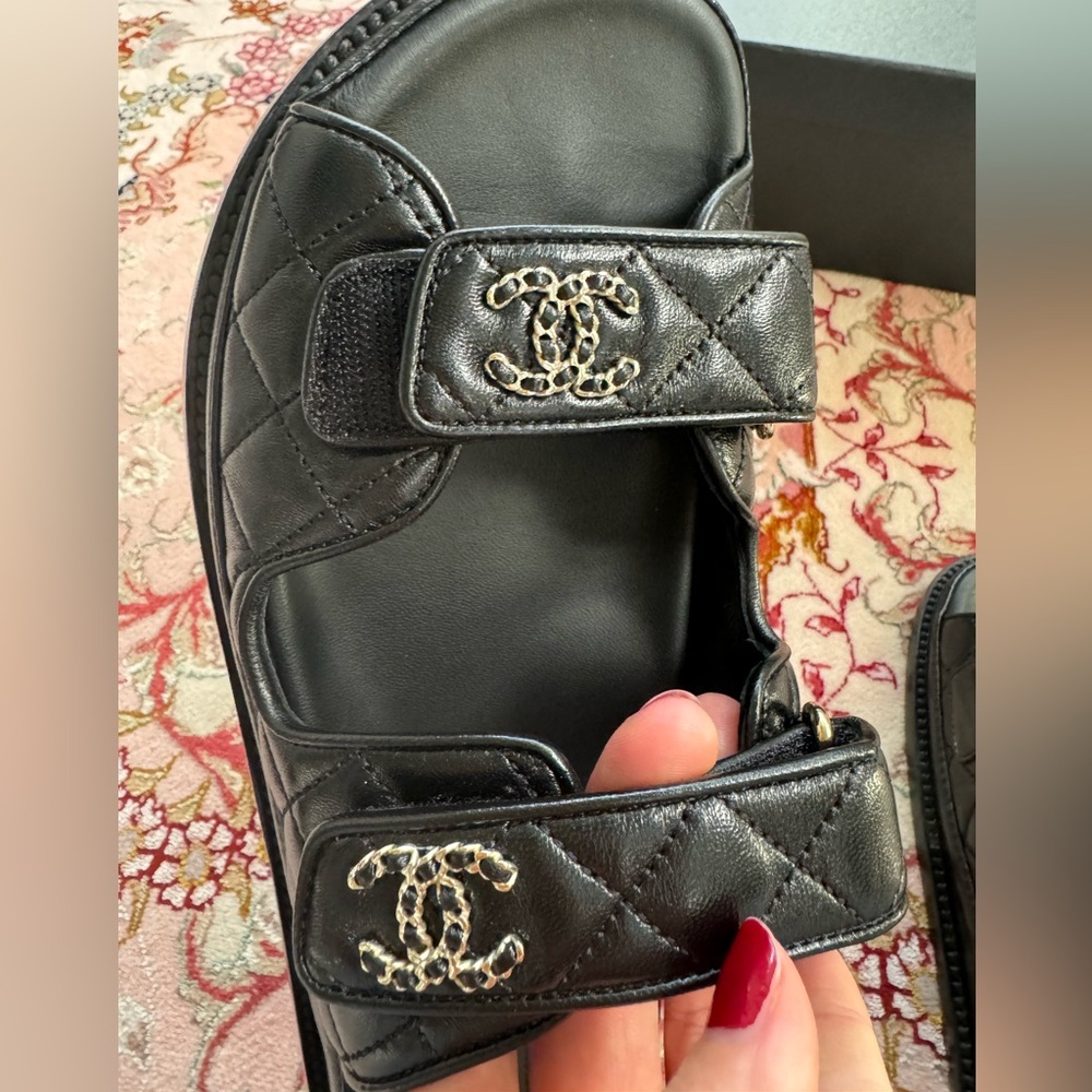CHANEL Black Sandals with Silver Logo - Picture 2 of 14
